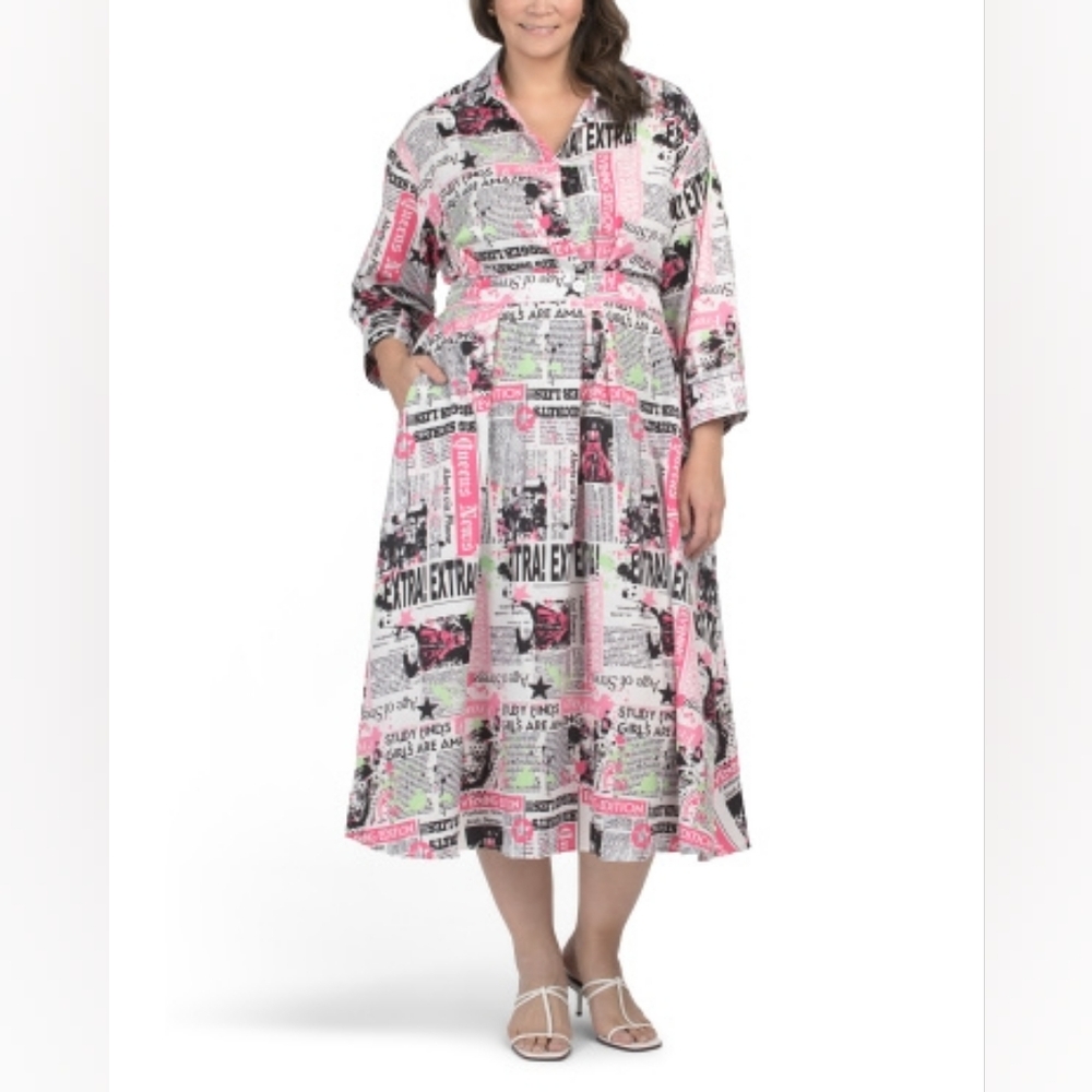 NWT - Us Together Newspaper Print Flounce Hem Midi Shirt Dress - Size 2X